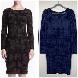 Alice + Olivia Nadia Greek Key Geometric Merino Wool Sweater Dress Blue Sz S